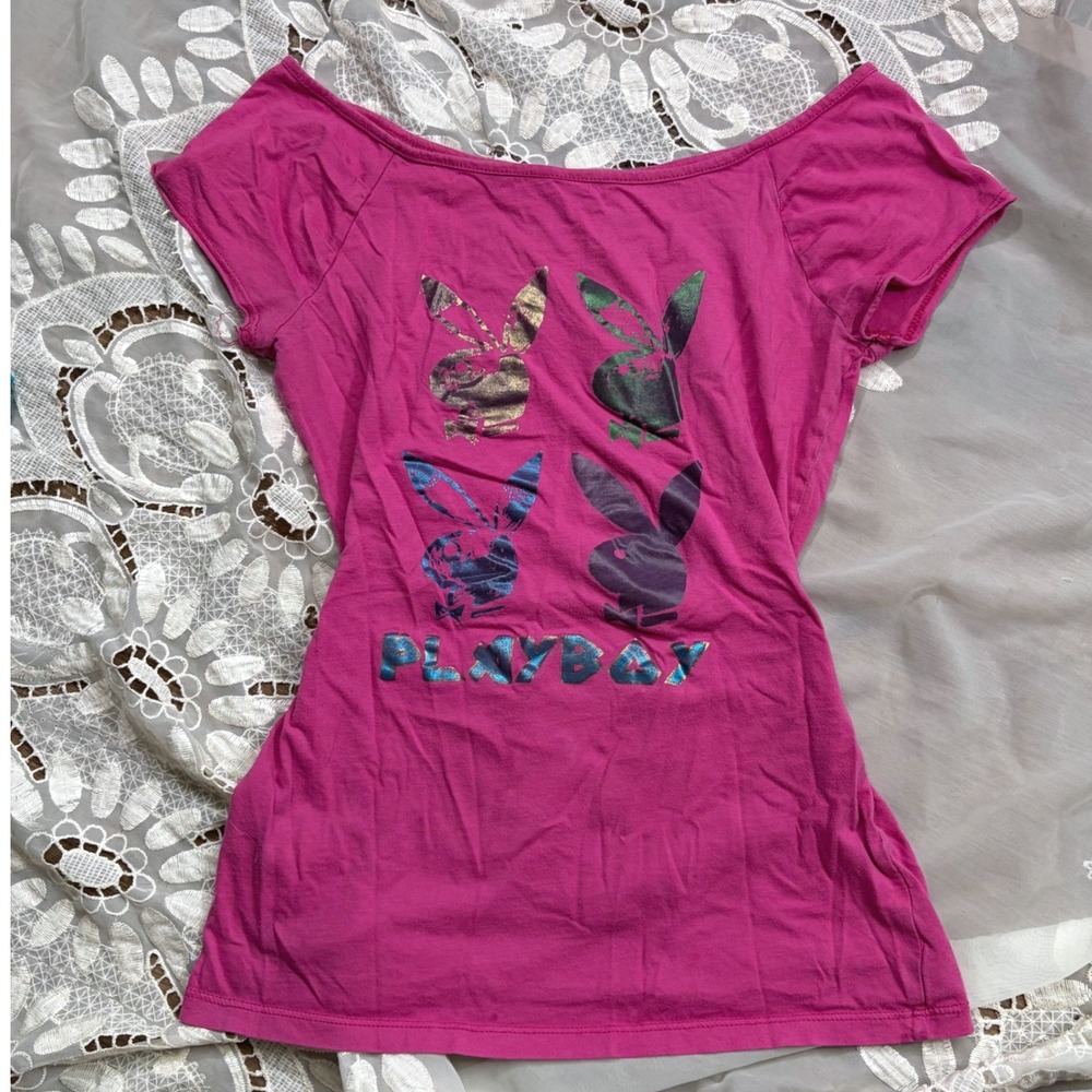 Y2K Playboy Women Pink Iridescent Foil Bunny Logo Graphic Scoop Neck Tee Shirt S